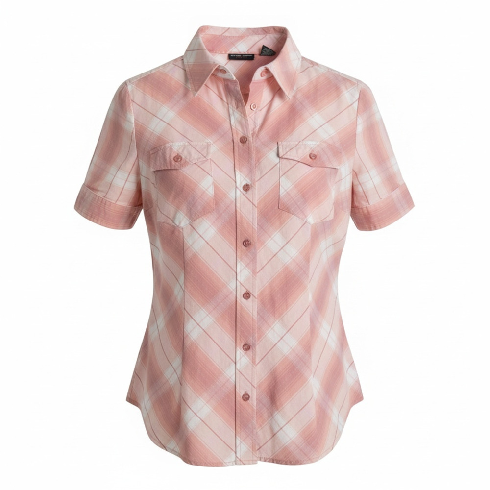 New York & Company Short Sleeve Plaid Shirt Size L Pink Cotton Stretch